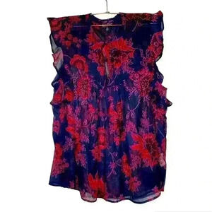 Lucky Brand Super Sheer Navy and Red Sleeveless Blouse. Size M